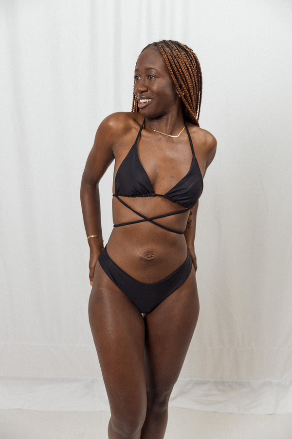 Bikini bottom black, high-waist, high-cut leg opening